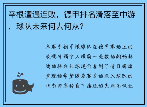 辛根遭遇连败，德甲排名滑落至中游，球队未来何去何从？