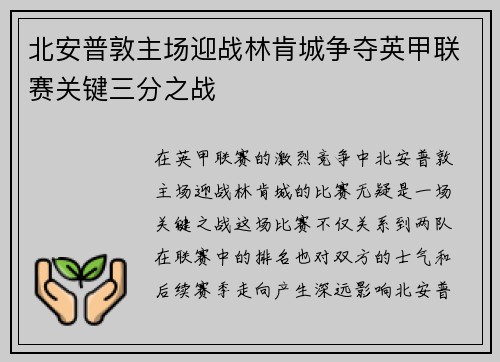 北安普敦主场迎战林肯城争夺英甲联赛关键三分之战